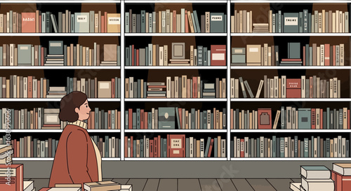 Illustration of a woman looking at a large bookshelf filled with various books in a library or bookstore.