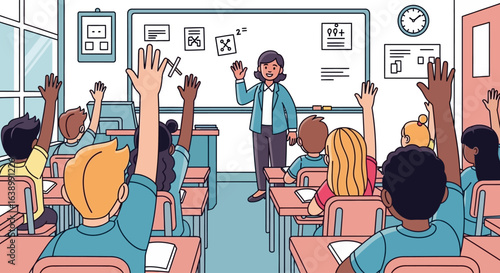 A teacher stands in front of a whiteboard while students in the classroom raise their hands to answer a question.