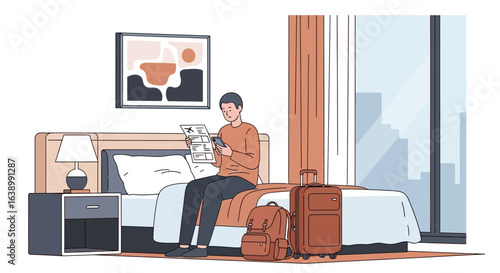 A man sits on a bed in a hotel room, reading a map, with luggage nearby.