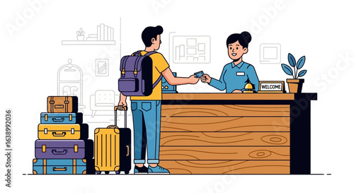 A man checking in at a hotel reception desk, handing over payment.