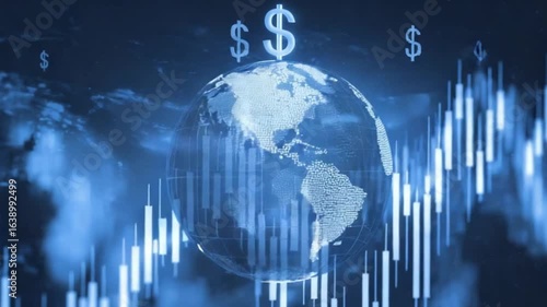 Global finance concept shown with a translucent globe, dollar signs, and candlestick charts in cool blue tones