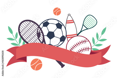 Collection of sports balls and equipment with decorative elements and ribbon soccer baseball
