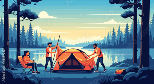 Three people setting up an orange tent by a serene lake in a forest at sunrise.