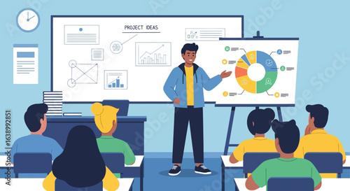 A presenter standing in front of a class, explaining a pie chart and diagrams.