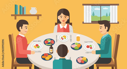 Family of four enjoying a meal together at a round dining table with plates of food.