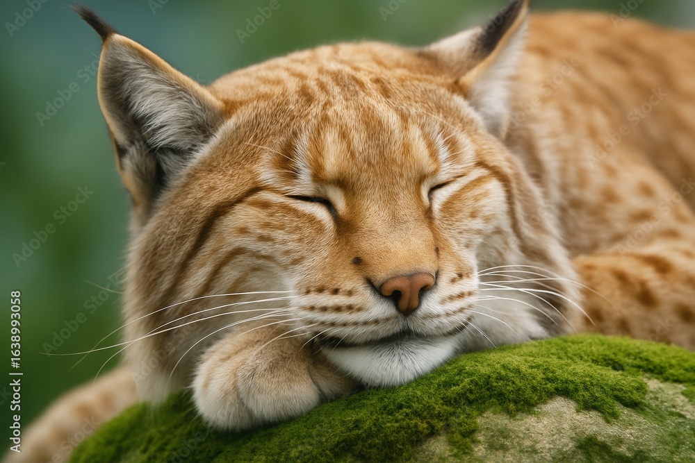 Obraz premium Close-up of a relaxed lynx peacefully sleeping on a moss-covered rock with soft green background and natural light in a tranquil forest scene. Ai generative