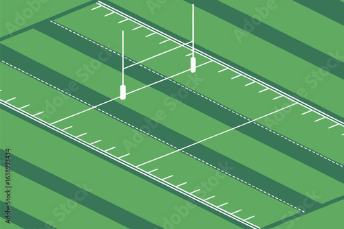 Green rugby field with white goalposts and yard lines viewed from above sport grass
