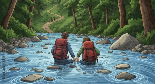Couple wading through a shallow stream on a forest hiking trail, holding hands, enjoying nature.