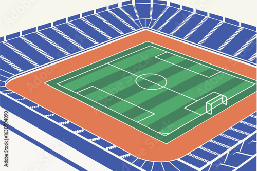 Isometric view of a green soccer field with orange track and blue stadium seating football sport