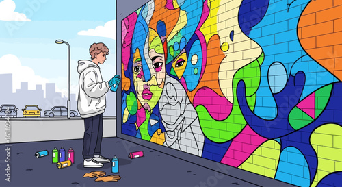 A young artist sprays paint onto a vibrant mural on a brick wall.