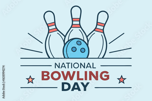 National Bowling Day graphic with pins ball and stars sport game