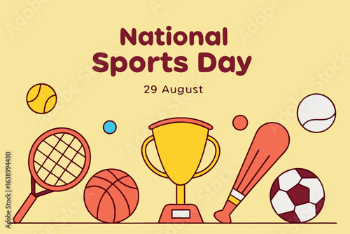 National Sports Day August 29 with trophy tennis racket basketball baseball bat soccer ball vector