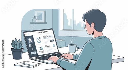 A man working from home on a laptop, focused on an online platform.