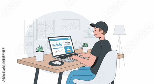 Young man works from home, using laptop, charts displayed.