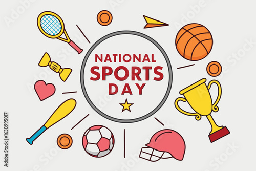 National Sports Day celebration with sports equipment and trophy illustration event
