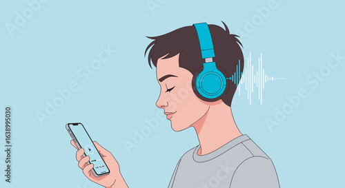 Young man serenely listening to music on headphones and smartphone.