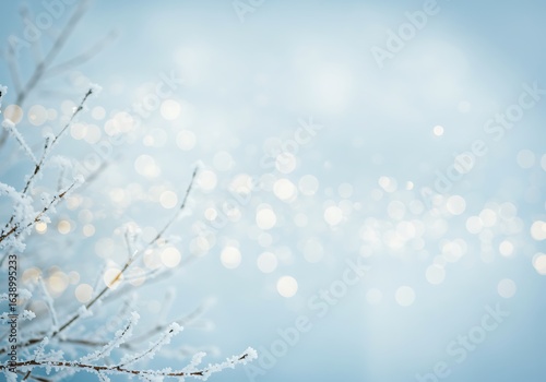Soft-focus winter image with sparkling lights and a detailed, ice-covered tree branch.

