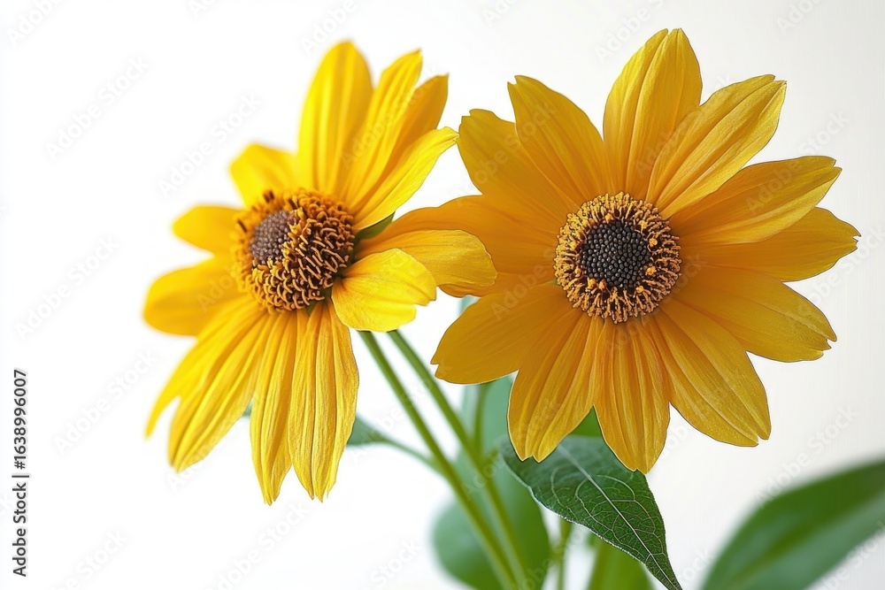 Fototapeta premium Close-up of two vibrant yellow sunflowers with detailed petals and dark brown centers against a soft white background