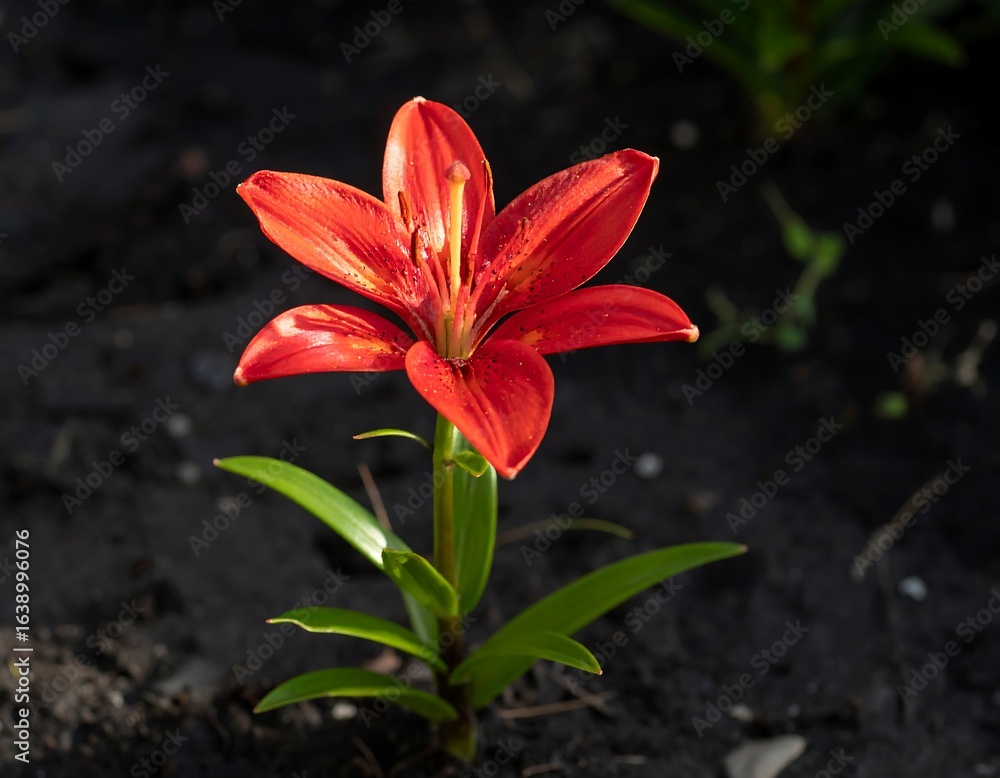 Fototapeta premium Vibrant red lily in full bloom, emerging from dark soil