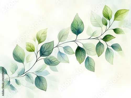 Delicate green and blue watercolor painting of leafy branch on soft light background expressing calmness and natural beauty