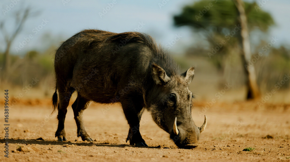 Fototapeta premium A Wild Warthog Grazing Peacefully on a Sunny African Savannah