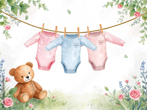 Baby clothes drying on a line with teddy bear and flowers onesies pink