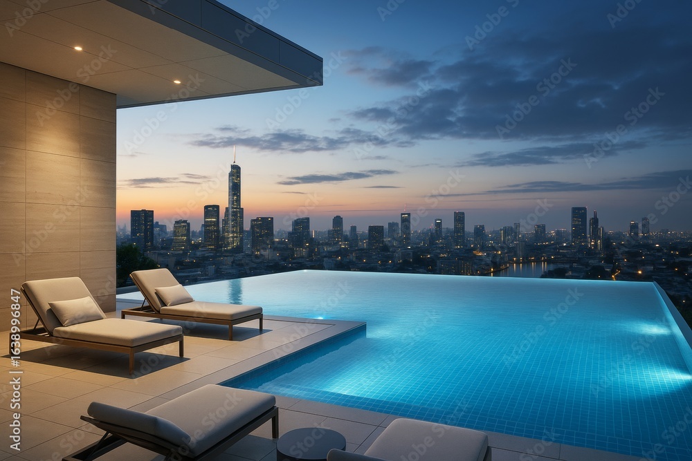 Fototapeta premium Luxurious rooftop infinity pool with lounge chairs overlooking illuminated city skyline at dusk under dramatic sky with soft ambient lighting. Ai generative