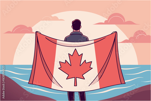Person holding Canadian flag with maple leaf against a pastel sky and water canada