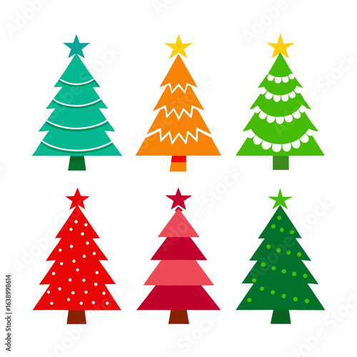 Christmas trees icon set isolated on white background. Cute Christmas trees with toys and snow. New year decorations. Vector ilustration.
