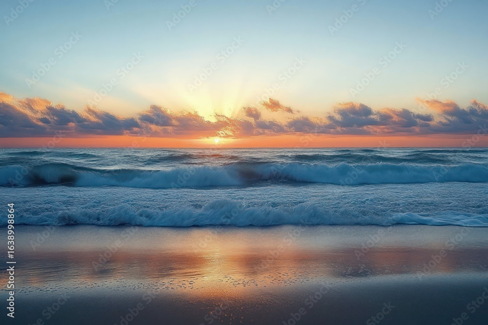 Fototapeta premium Serene ocean sunrise with calm waves gently rolling onto sandy beach under soft pastel sky