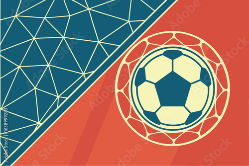 Stylized soccer ball in a net pattern with geometric background football sport