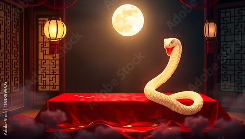 4K Magical Year of the Snake Night Scene with Glowing White Snake on Red Silk Table and Gold Coins