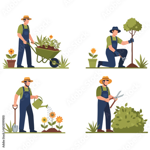 Four illustrations showing a gardener performing various tasks: pushing a wheelbarrow, planting a tree, watering flowers, and trimming a bush.