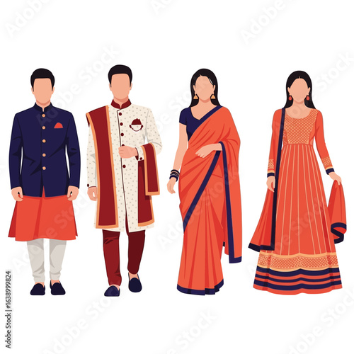 Four figures in traditional Indian clothing: two men in sherwanis and two women in sarees and salwar kameez.