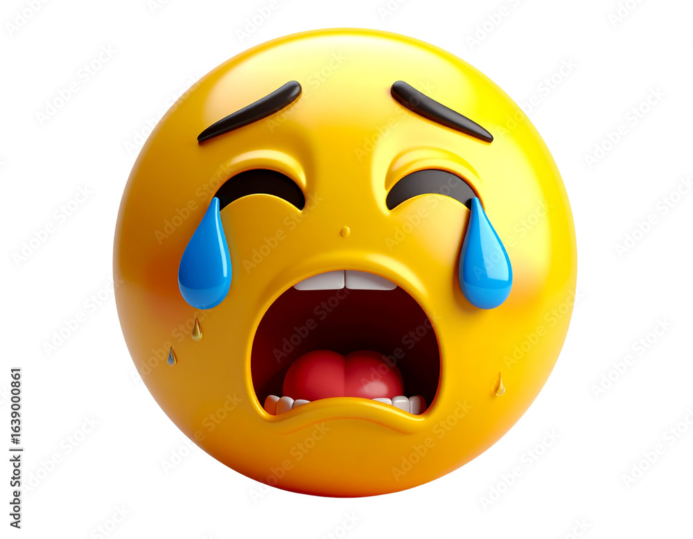 Fototapeta premium Sad emoticon wearing a mask on white background