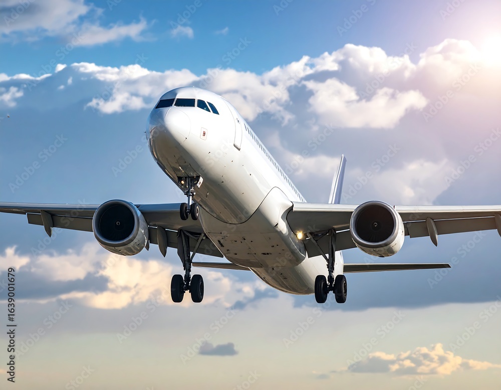 White passenger jet taking off against a cloudy sky White passenger jet taking off against a cloudy sky