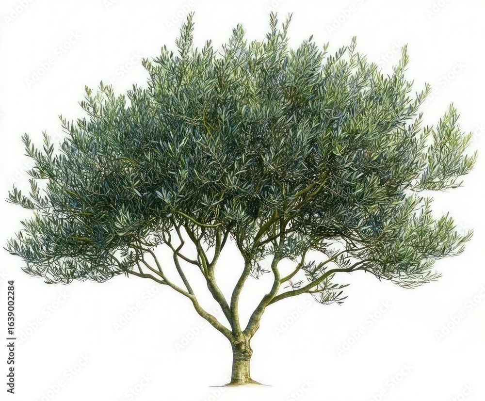 Obraz premium A large, lush olive tree with dense silvery-green foliage and a sturdy, branching trunk against a plain white background