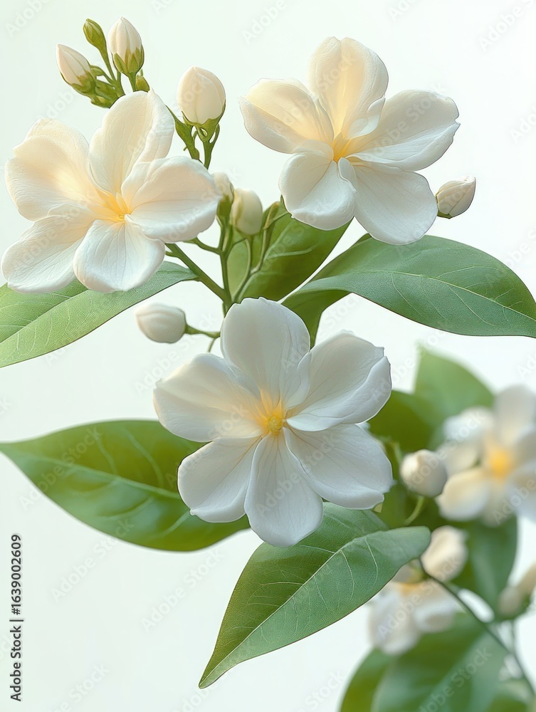 Obraz premium Close-up of delicate white flowers with soft petals and green leaves on slender stems with flower buds against a light background, evoking calmness and purity
