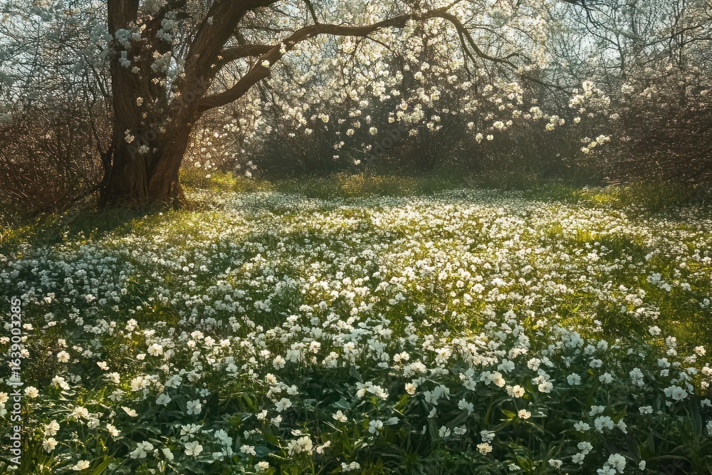 Obraz premium Sunlit forest clearing filled with blooming white wildflowers and a large tree covered in white blossoms creating a peaceful and serene atmosphere