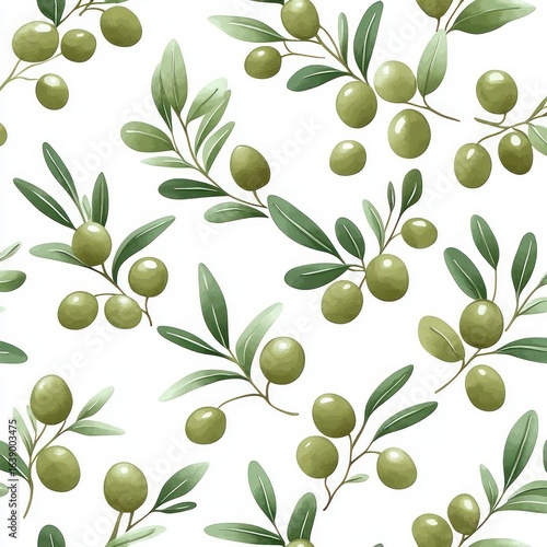 seamless pattern of green olive branches with leaves on a white background