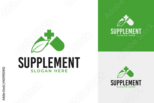 Natural supplement with leaf for vitamin logo design template vector illustration
