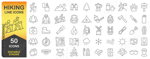 Hiking And Camping Line Icon Set With 50 Editable Stroke Designs. Thin Line Line Icons. Includes Outdoor Gear, Nature Symbols, And Adventure Essentials For Versatile Use. Isolated Vector image.