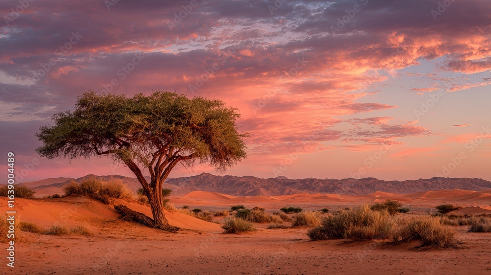 Obraz premium A lone tree stands silhouetted against a vibrant sunset in the desert