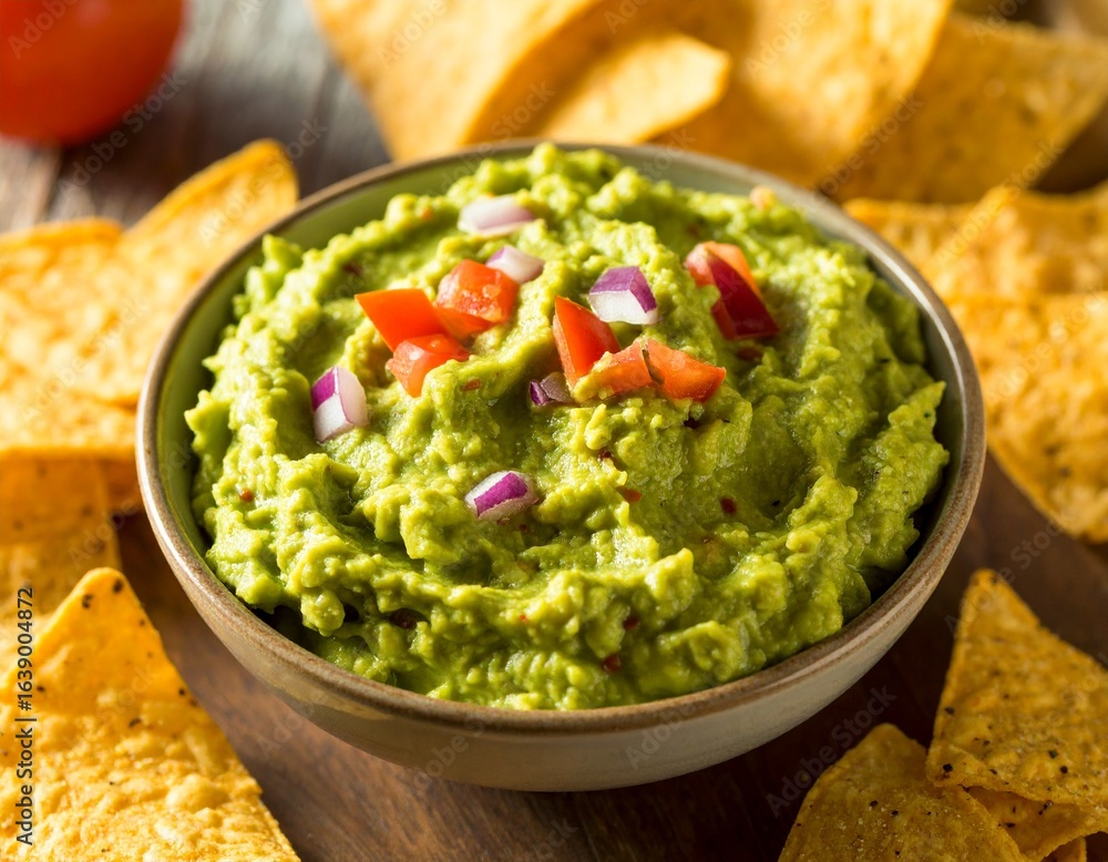 Freshly made guacamole with red onion and tomato garnish in a bowl with tortilla chips, a classic Mexican appetizer. Freshly made guacamole with red onion and tomato garnish in a bowl with tortilla chips, a classic Mexican appetizer.