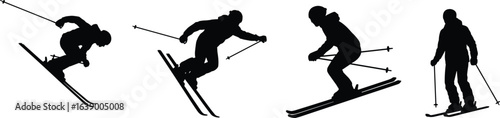 Skiing silhouettes, winter sports, skier action, black and white, snow slopes, ski technique, graphic design, active lifestyle, ski stunts, silhouette collection, extreme sports