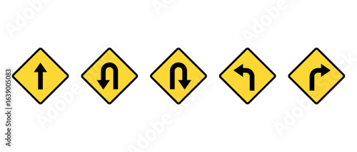 U turn and straight symbol. Traffic sign icon set. Road navigation concept