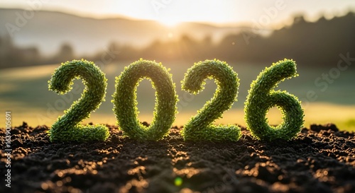 The year 2026 made of green grass with a sunrise background