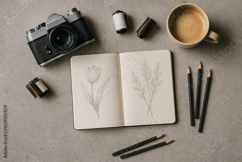 Top view of a vintage film camera with 35mm rolls, an open sketchbook with floral drawings, pencils and a coffee cup on a gray stone desk. Soft light, creative workspace mood.