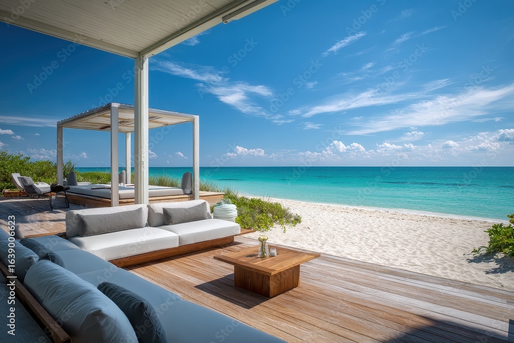 Fototapeta premium A beach with a couch and a table