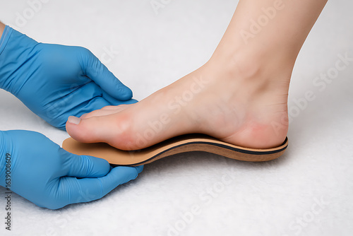 Close-up of a foot being fitted with custom orthopedic insole by a professional wearing blue gloves.